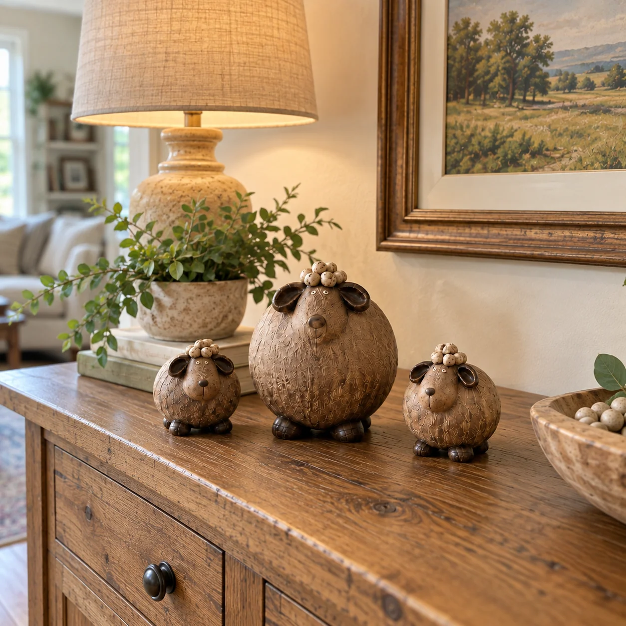 Rustic sheep family displayed below a mirror