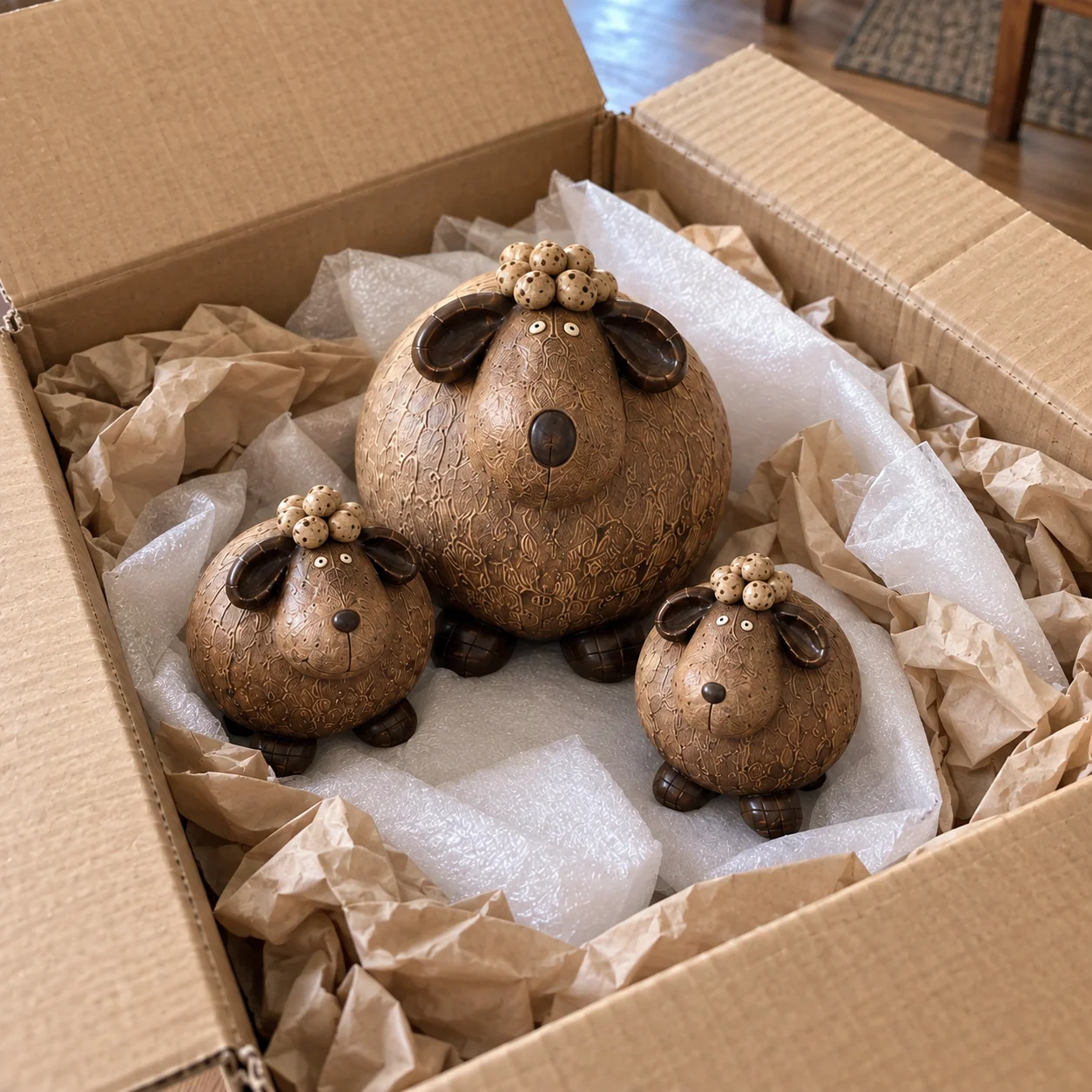 Three sheep figurines shown with unpacking materials