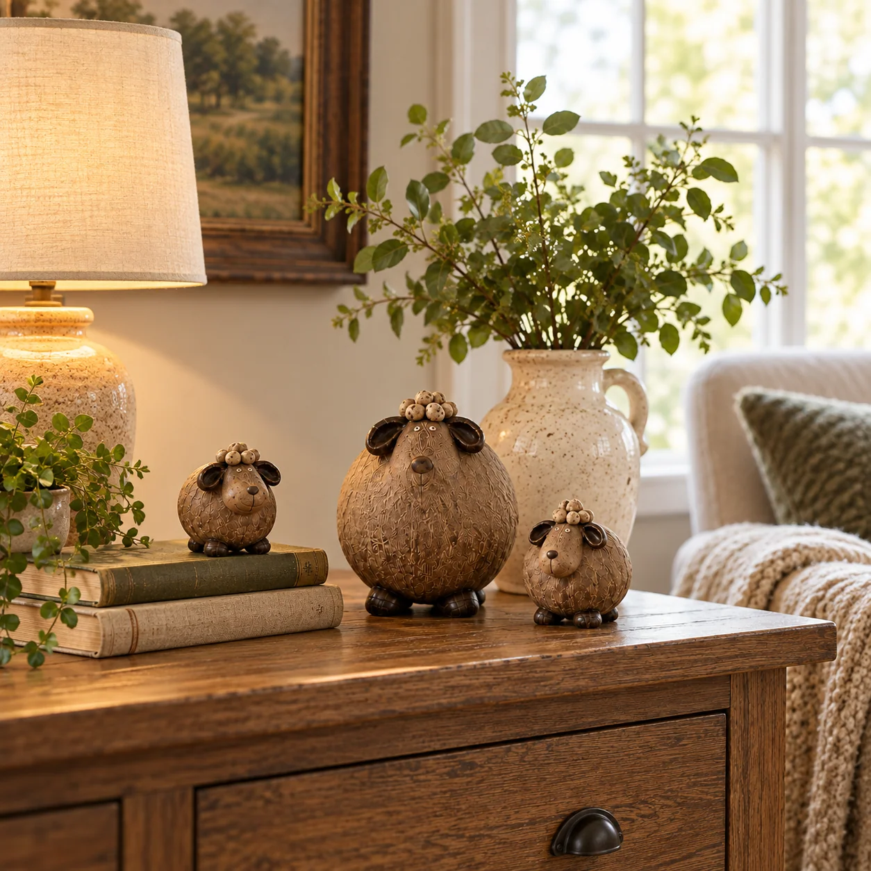 Three sheep styled on a wooden sideboard