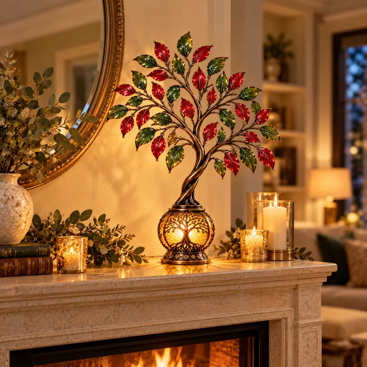 Glowing Tree of Life lantern displayed on a mantel beneath a round mirror