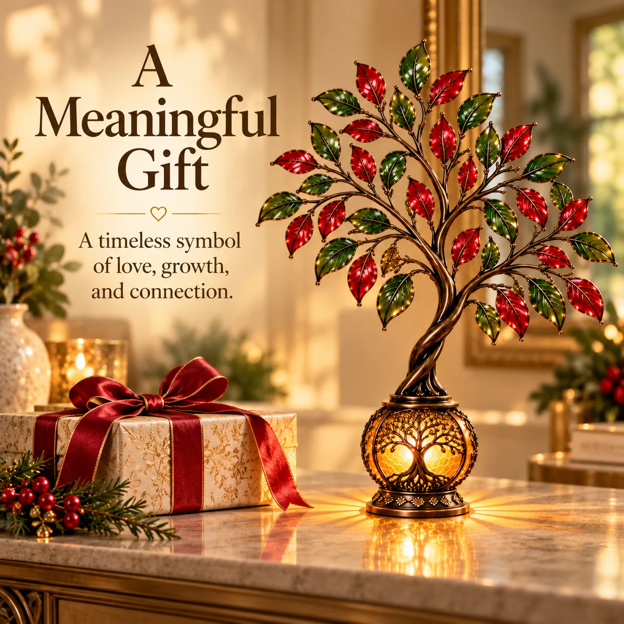 Tree of Life lantern beside a wrapped gift with a red ribbon