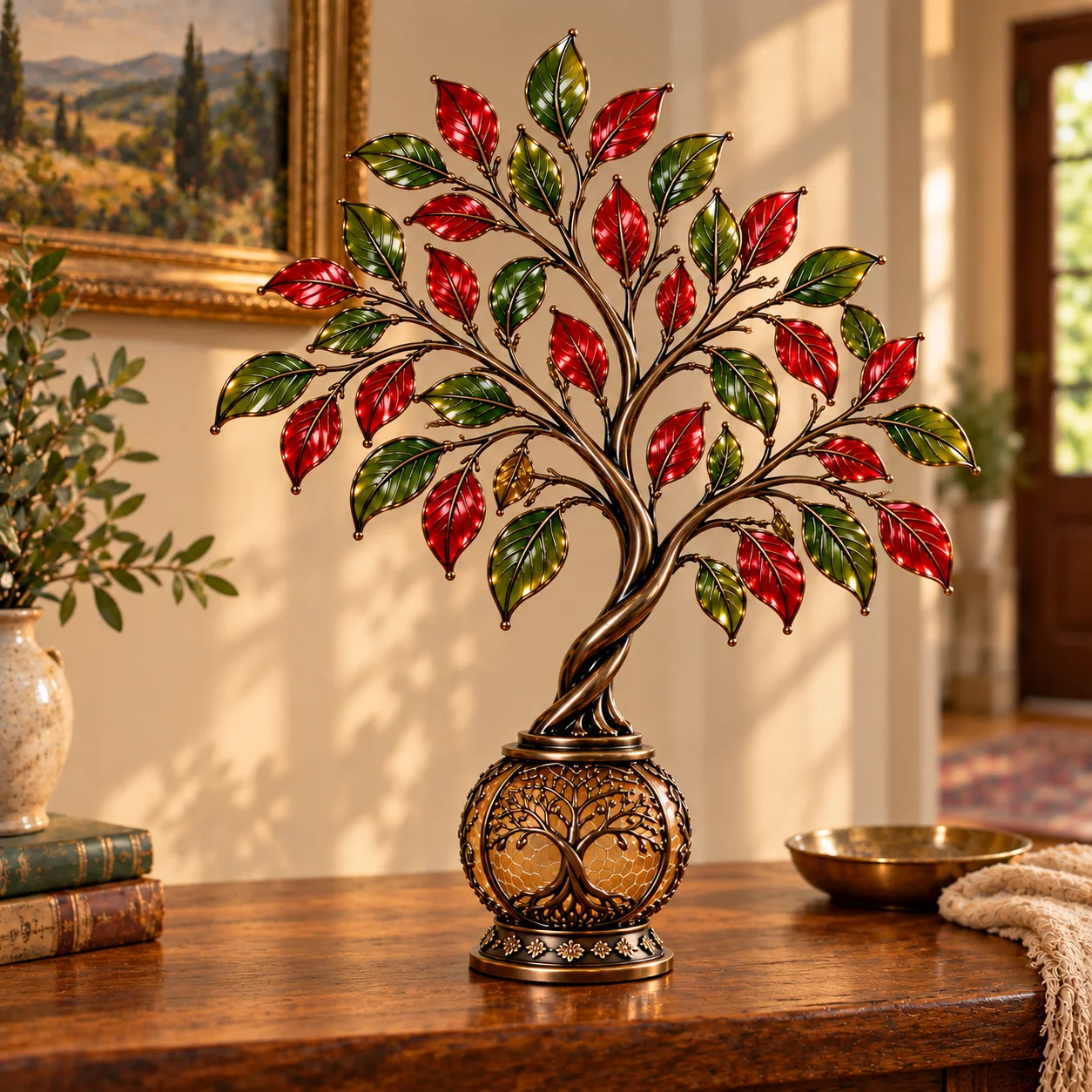 Tree of Life lantern with red and green leaves on a wooden table in daylight