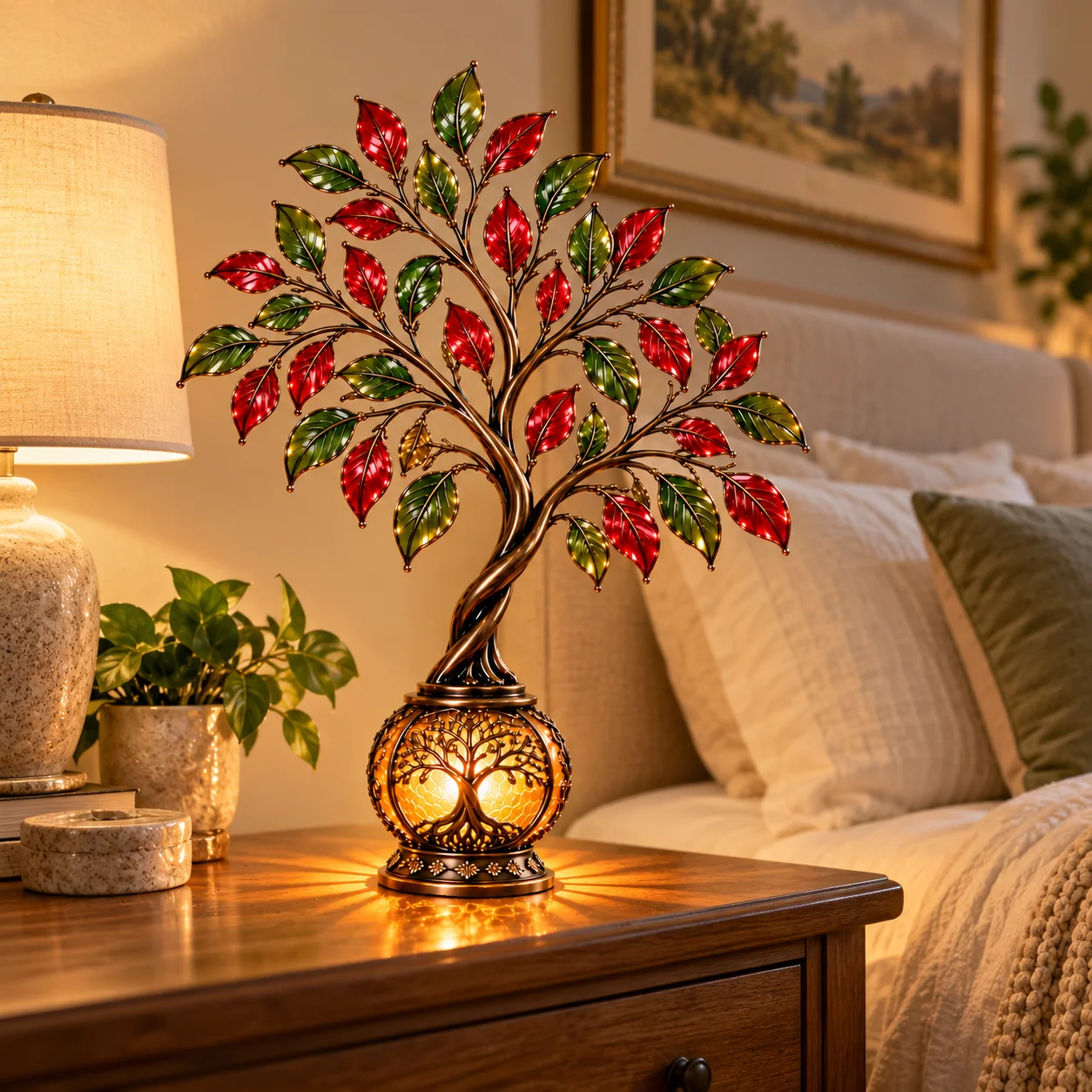 Illuminated Tree of Life lantern on a side table beside a sofa and reading lamp