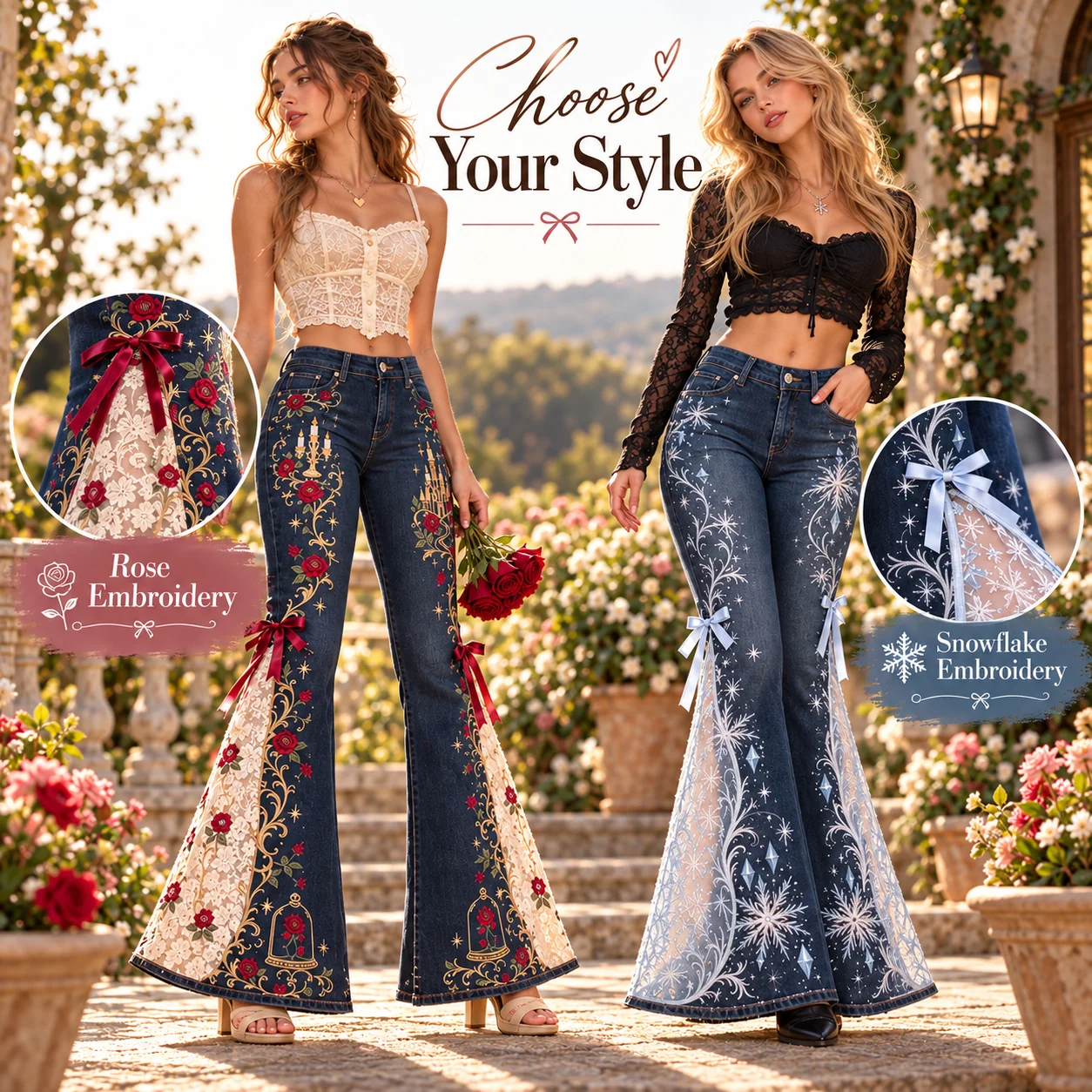 Rose and Snowflake embroidered jeans comparison