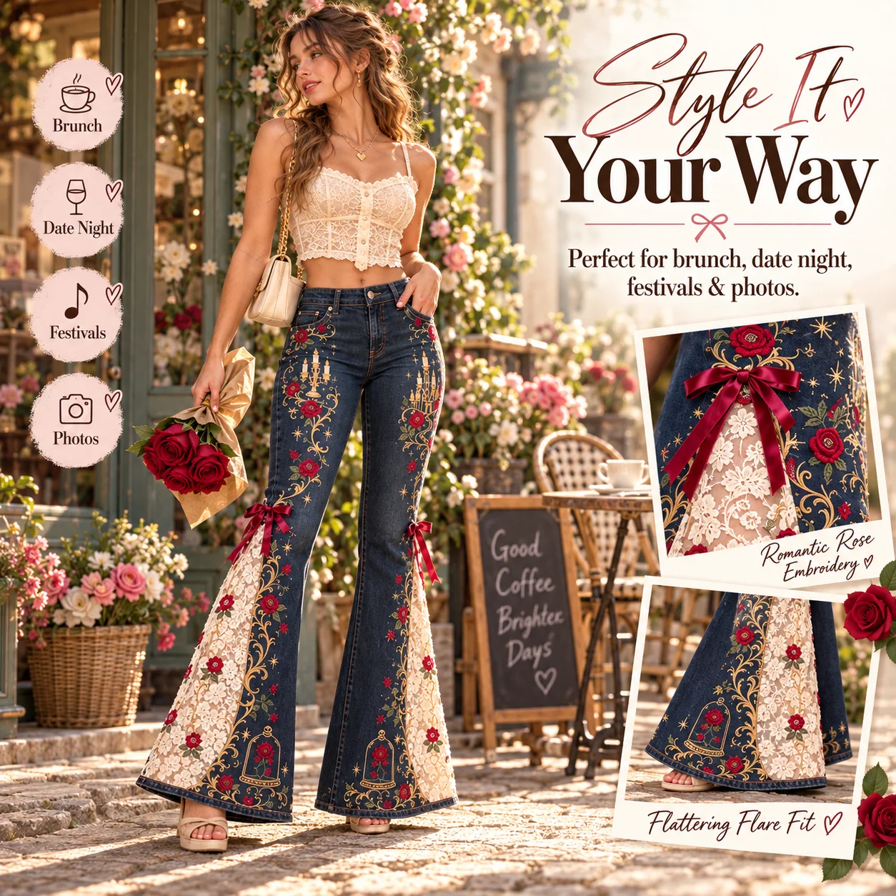 Fairytale embroidered flare jeans lifestyle outfit