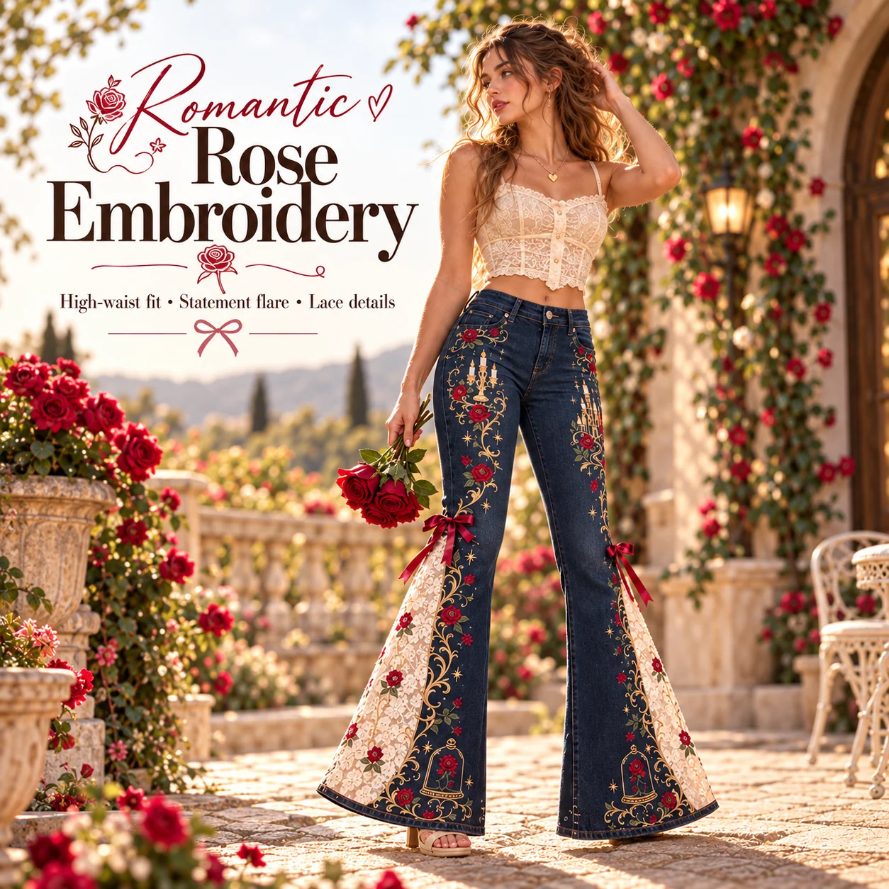 Rose embroidery fairytale flare jeans