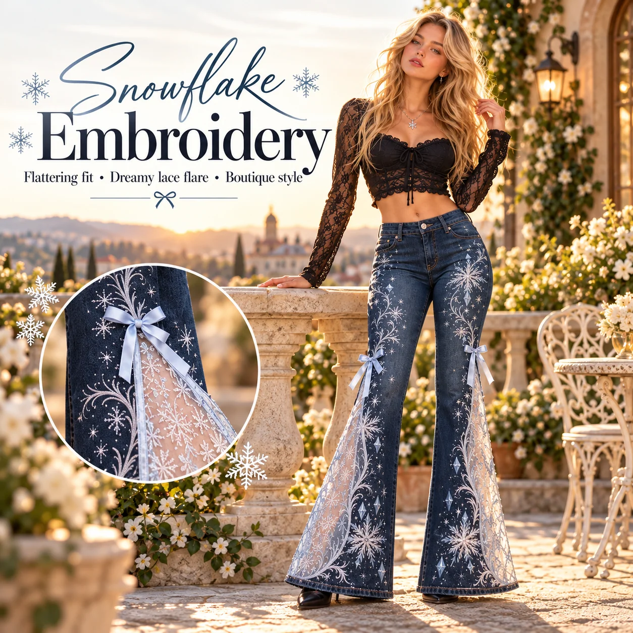 Snowflake embroidery flare jeans
