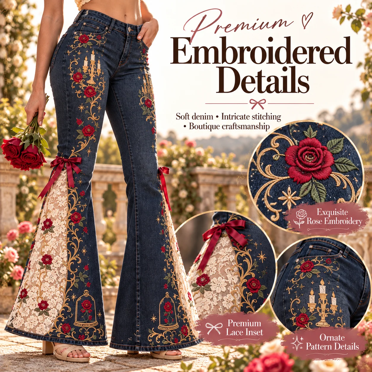 Premium embroidery and denim details