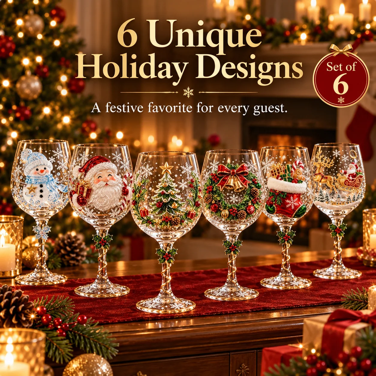 Six unique Christmas wine glass designs