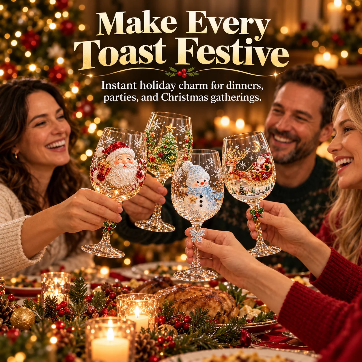 Friends raising festive Christmas wine glasses