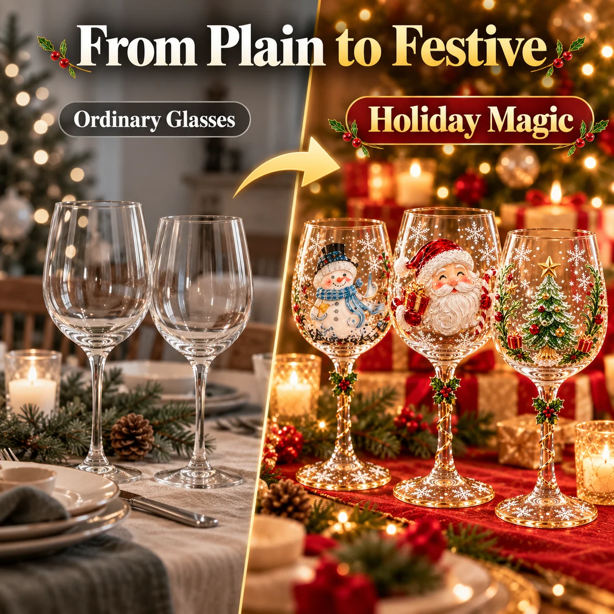 Christmas table before and after adding festive wine glasses