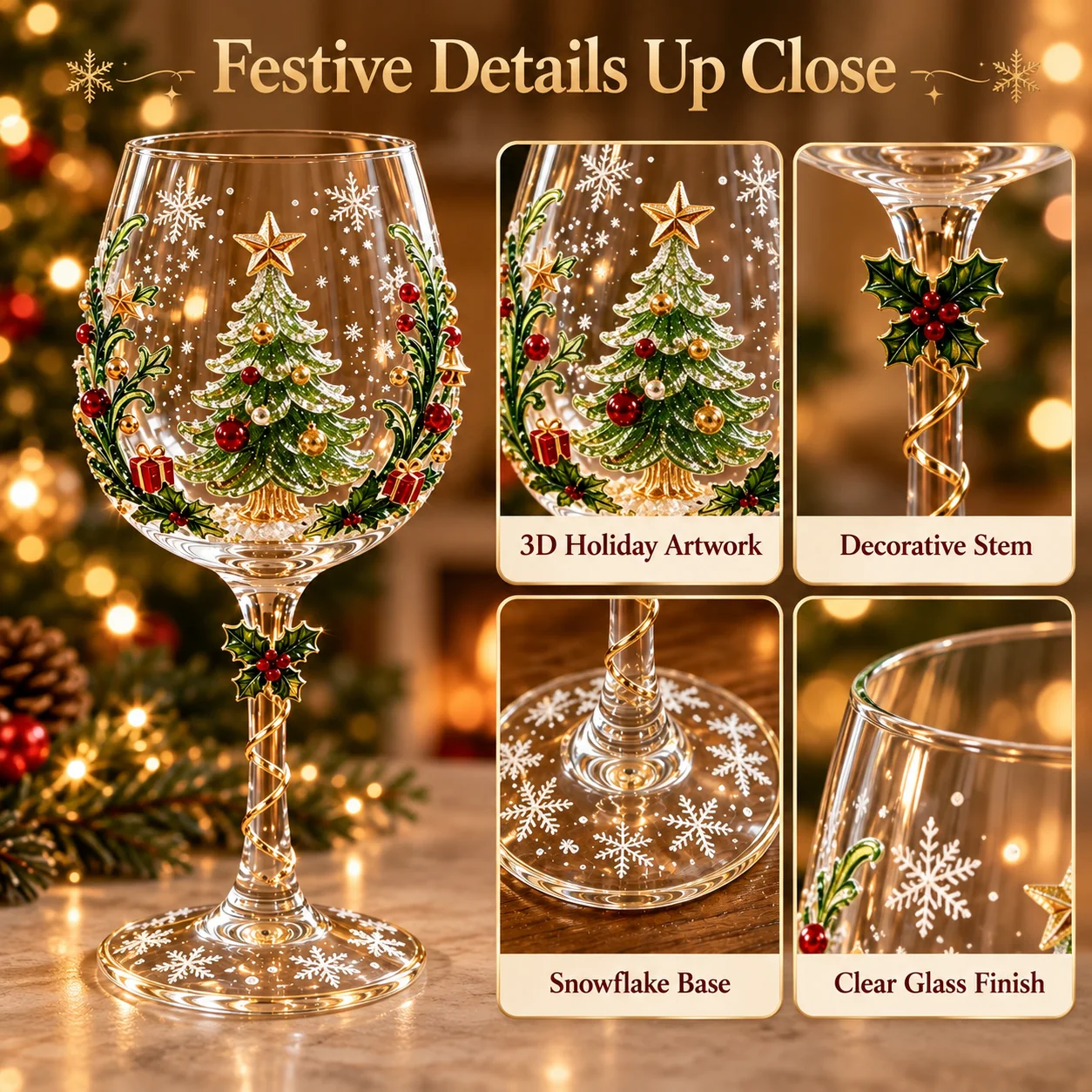 Close-up details of festive Christmas wine glass