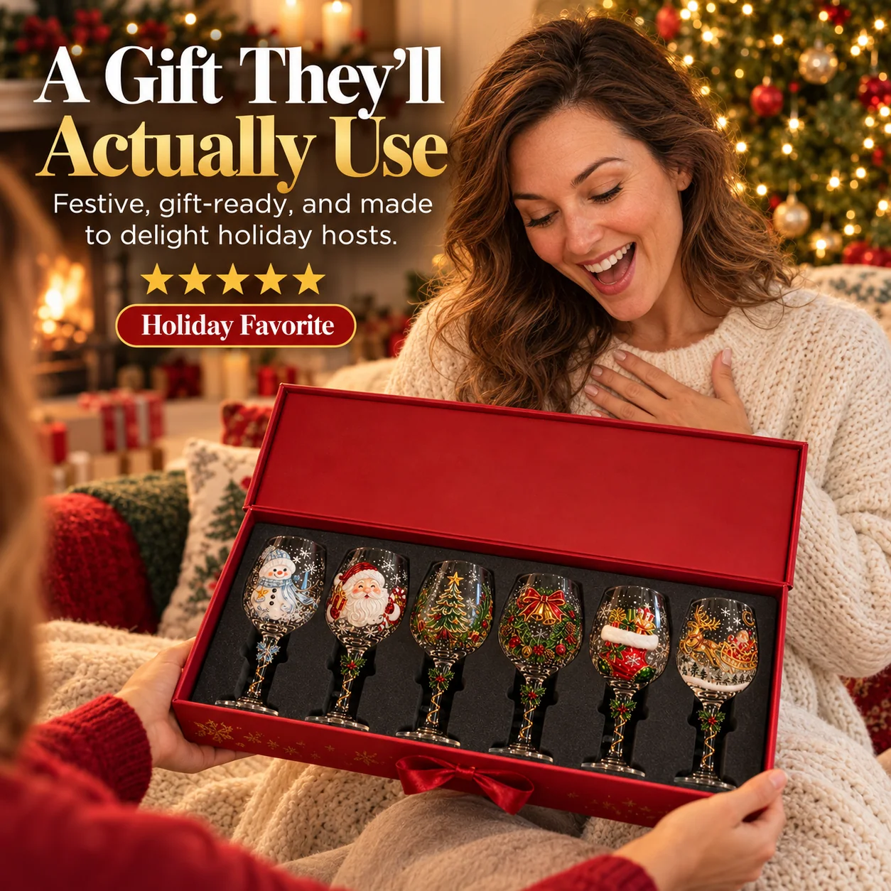 Christmas gift recipient opening festive wine glass set