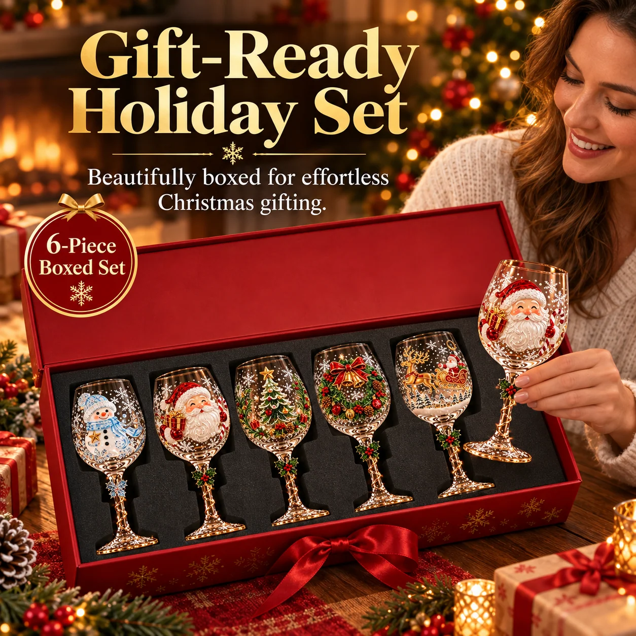 Gift-ready six-piece Christmas wine glass set