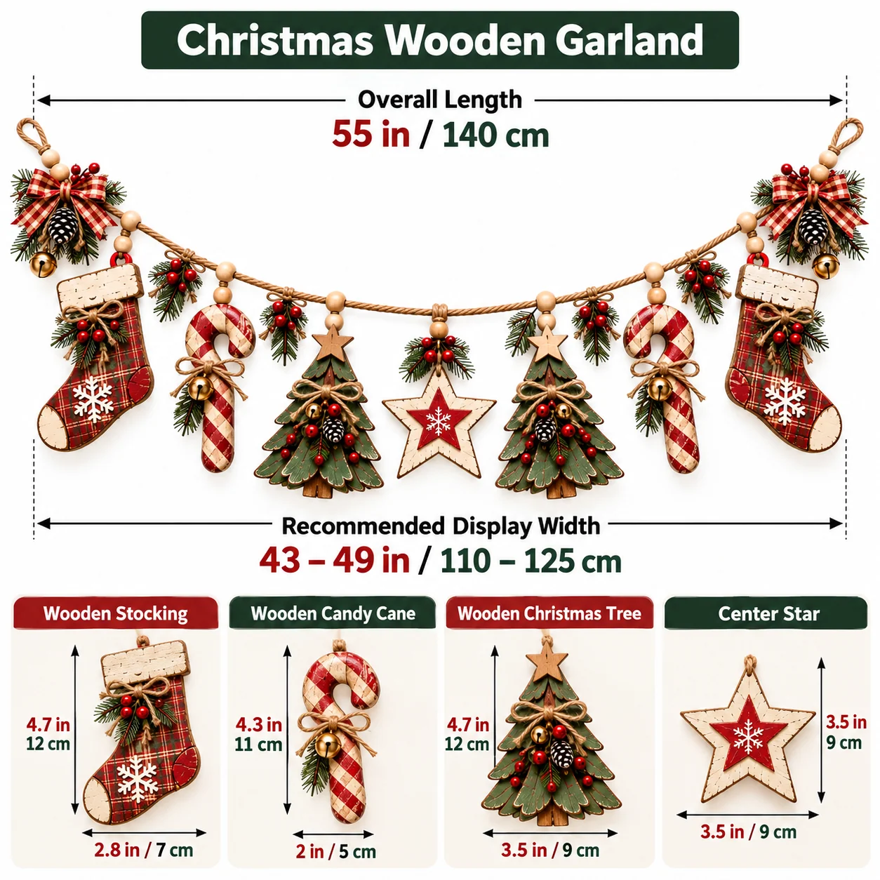 Vintage wooden Christmas garland dimension diagram showing 55 inches overall length and recommended display width of 43 to 49 inches