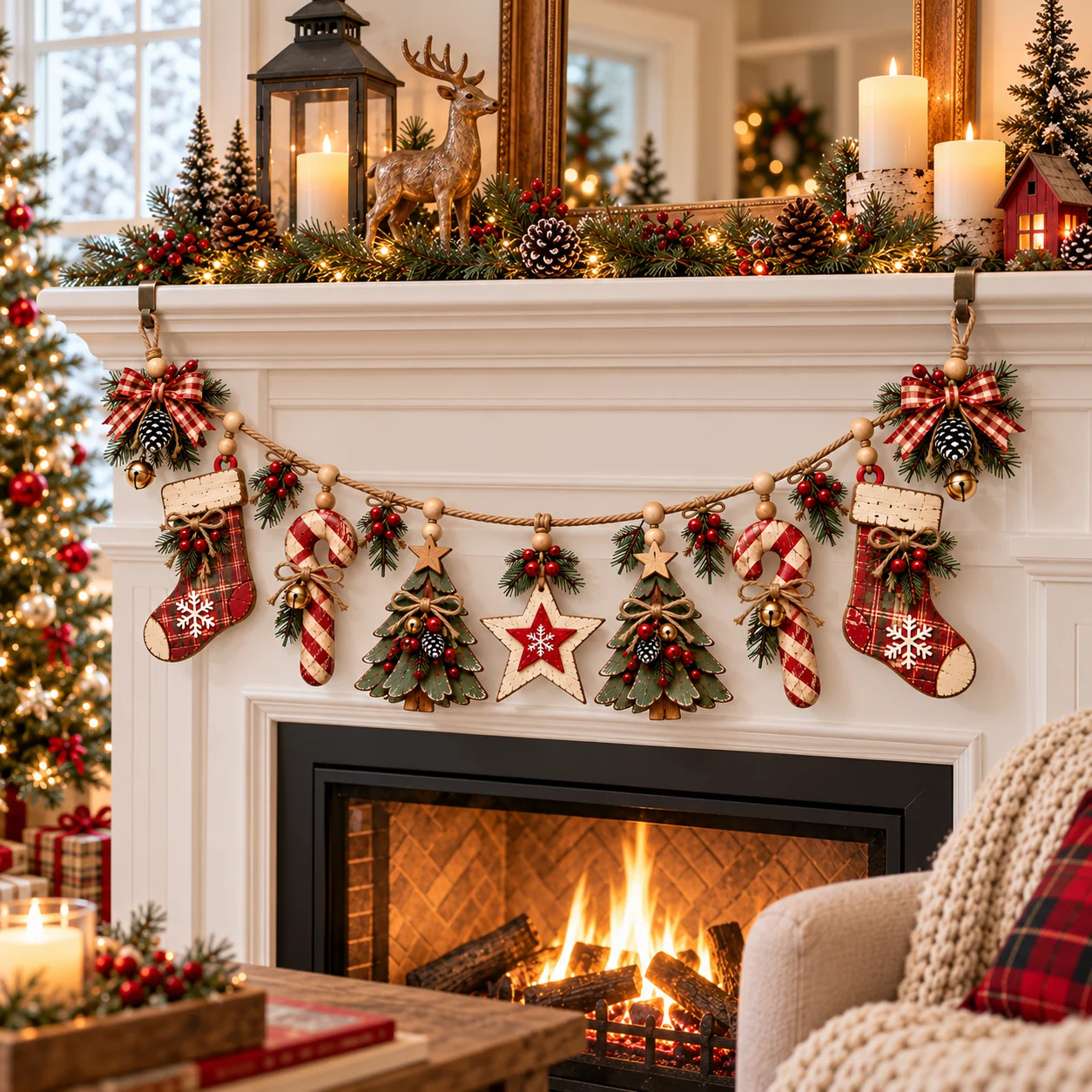 Vintage wooden Christmas garland decorating a warm farmhouse-style fireplace with evergreen branches and classic holiday decorations