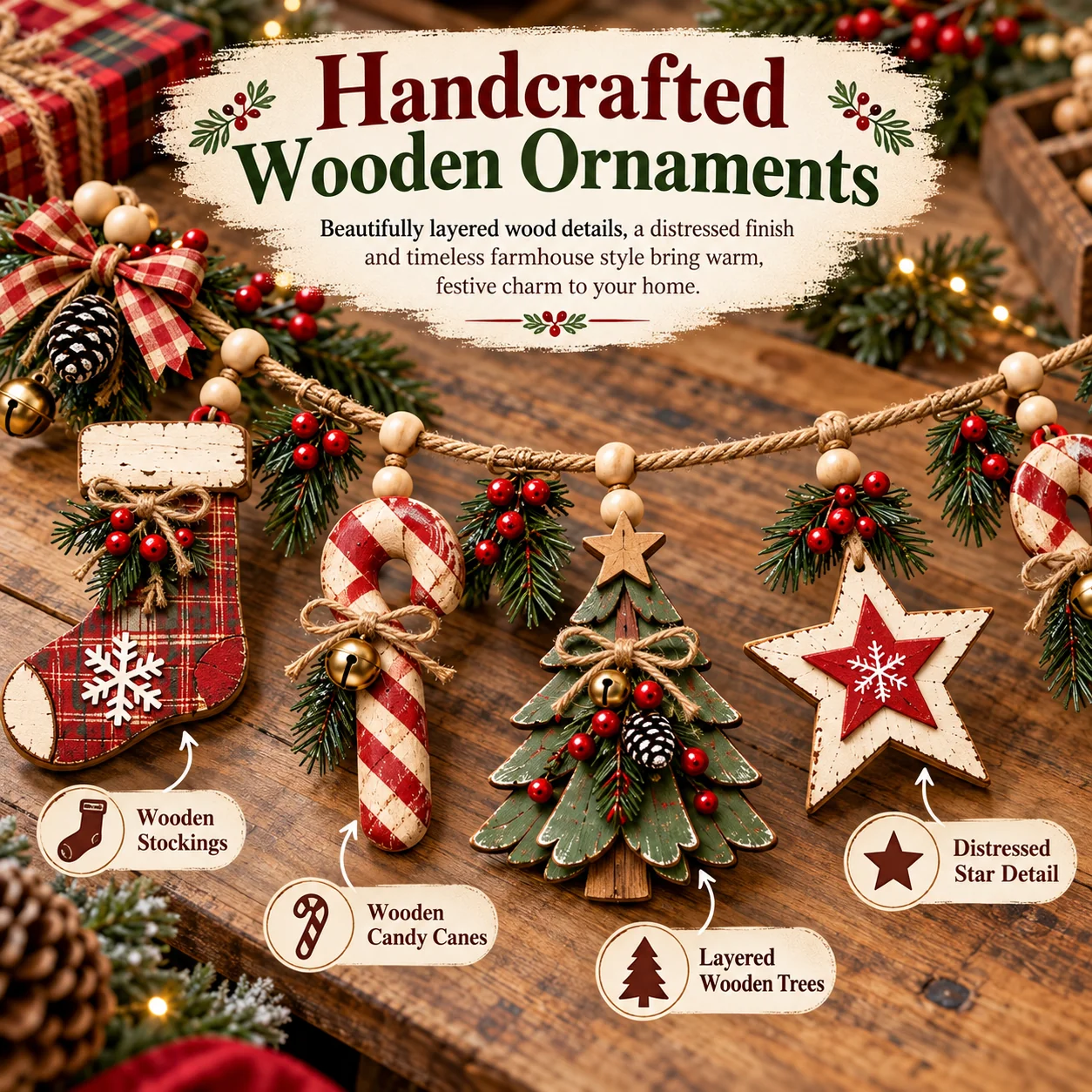 Close-up of vintage wooden Christmas ornaments showing plaid stockings, distressed candy cane, layered wooden tree, rustic star, bows and berries