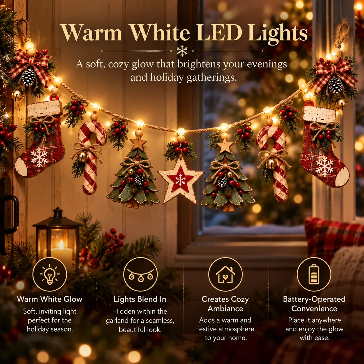 Warm white LED lights illuminating rustic wooden Christmas garland hanging in front of a cozy winter window