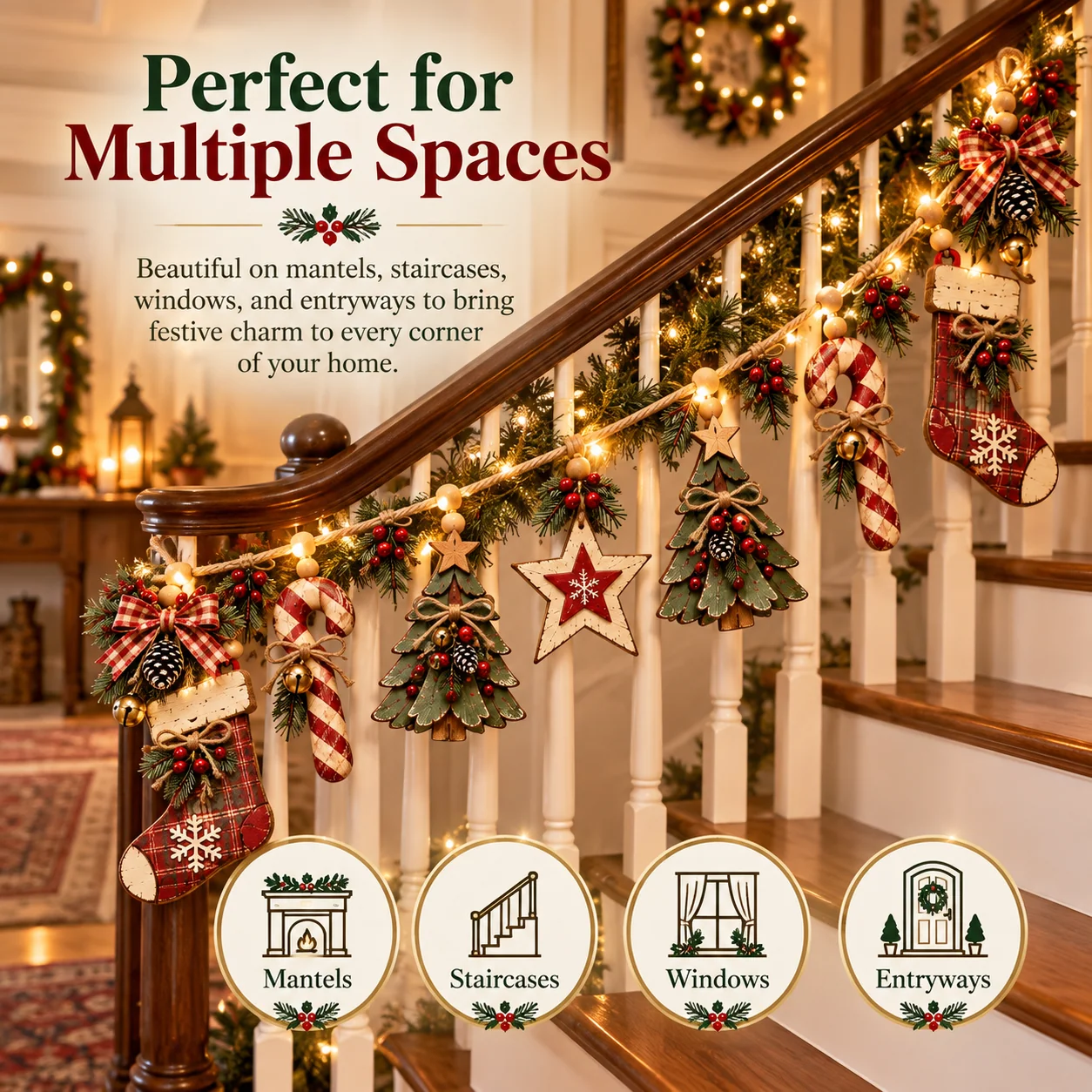 Vintage lighted wooden Christmas garland decorating an indoor staircase with warm lighting and old-fashioned Christmas ornaments