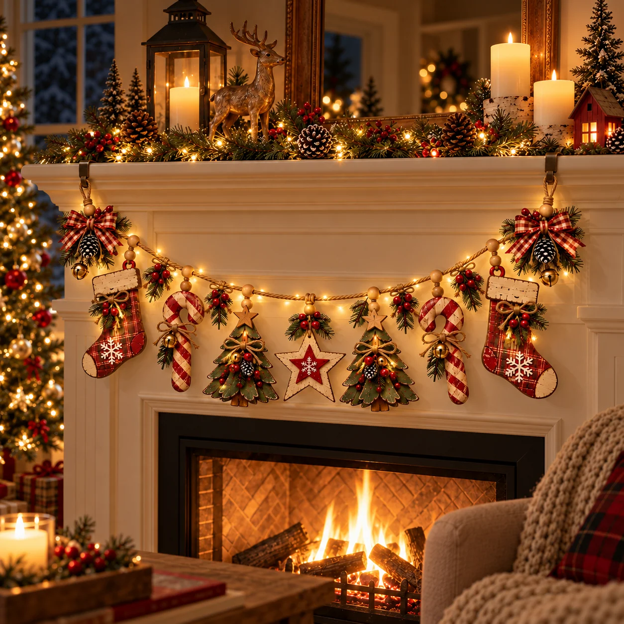 Vintage wooden Christmas garland with stockings, candy canes, Christmas trees and glowing warm white lights on an elegant fireplace mantel