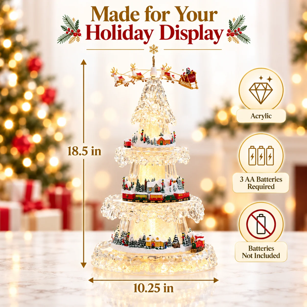 Christmas tree dimensions approximately 18.5 inches high and 10.25 inches wide with three AA battery requirement