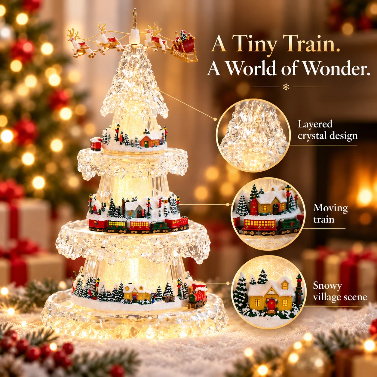 Christmas tree detail showing miniature animated train snowy village and faceted acrylic structure