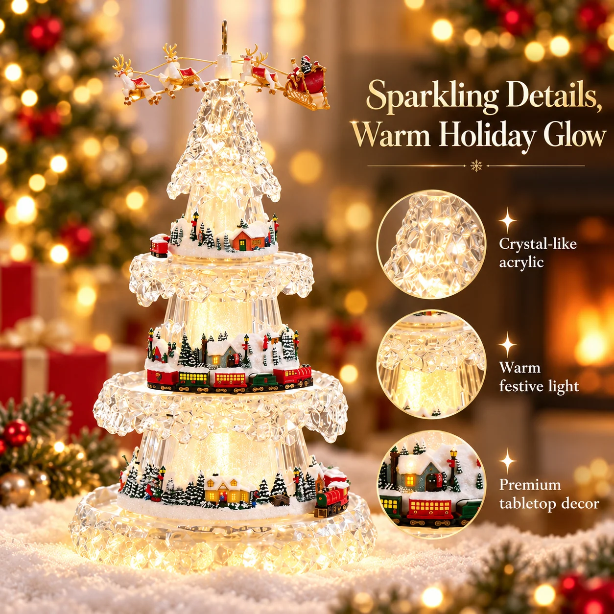 Close-up of crystal-like acrylic Christmas tree texture lighting and miniature snowy village