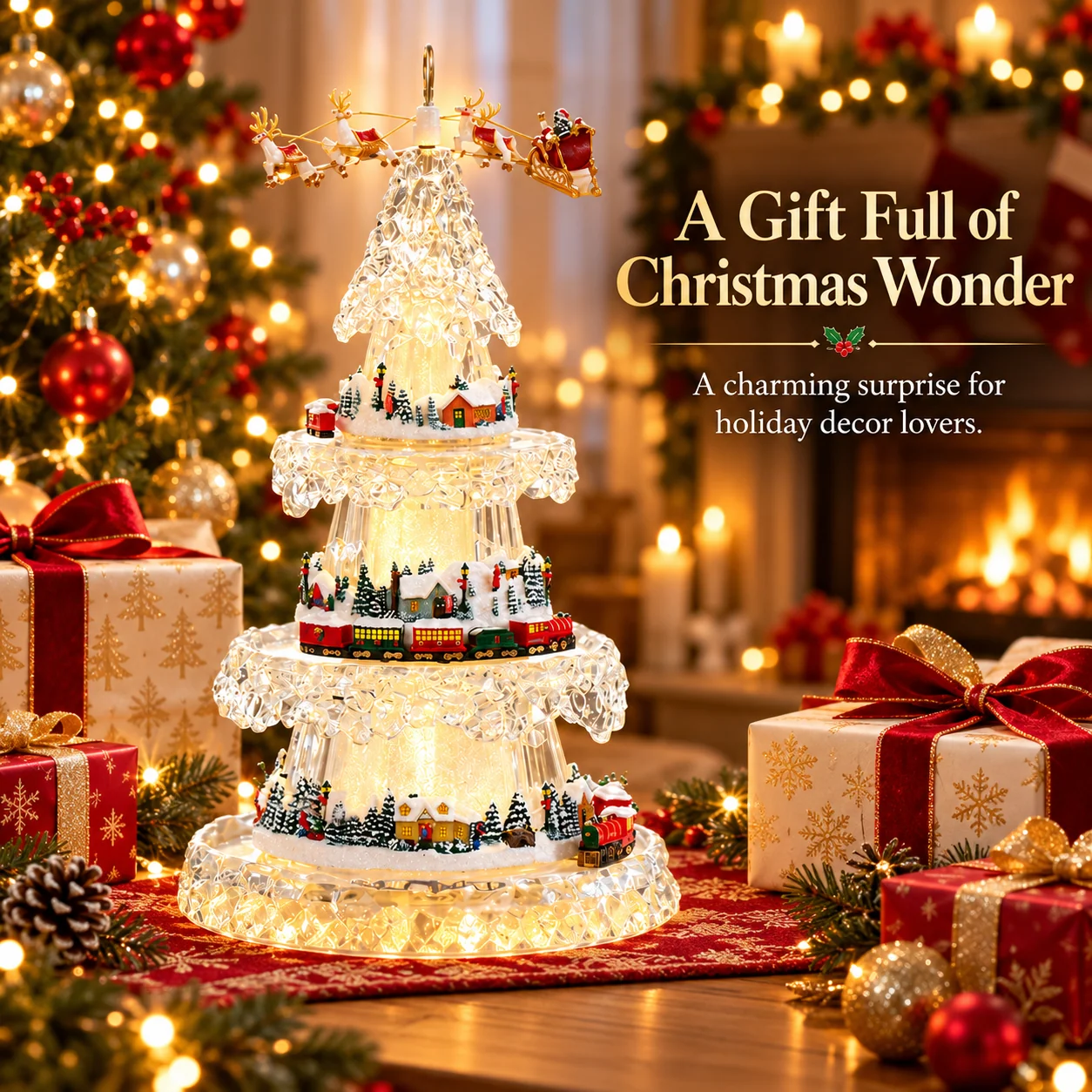 Illuminated Christmas tree and train village displayed alongside wrapped Christmas gifts
