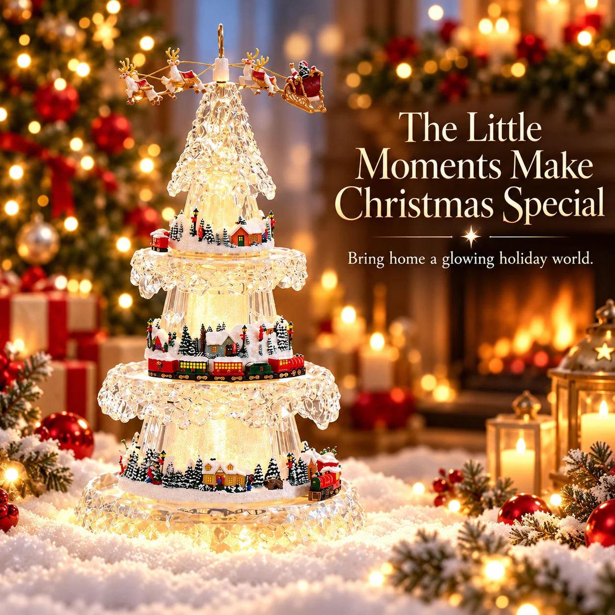 Glowing miniature Christmas tree and train village in a cozy festive evening setting