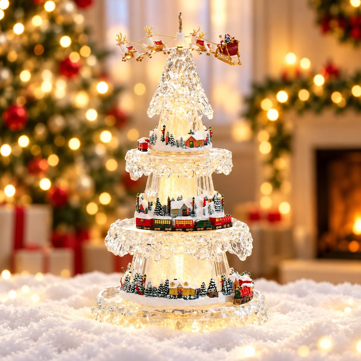 Illuminated musical Christmas tree with miniature train snowy village and Santa sleigh