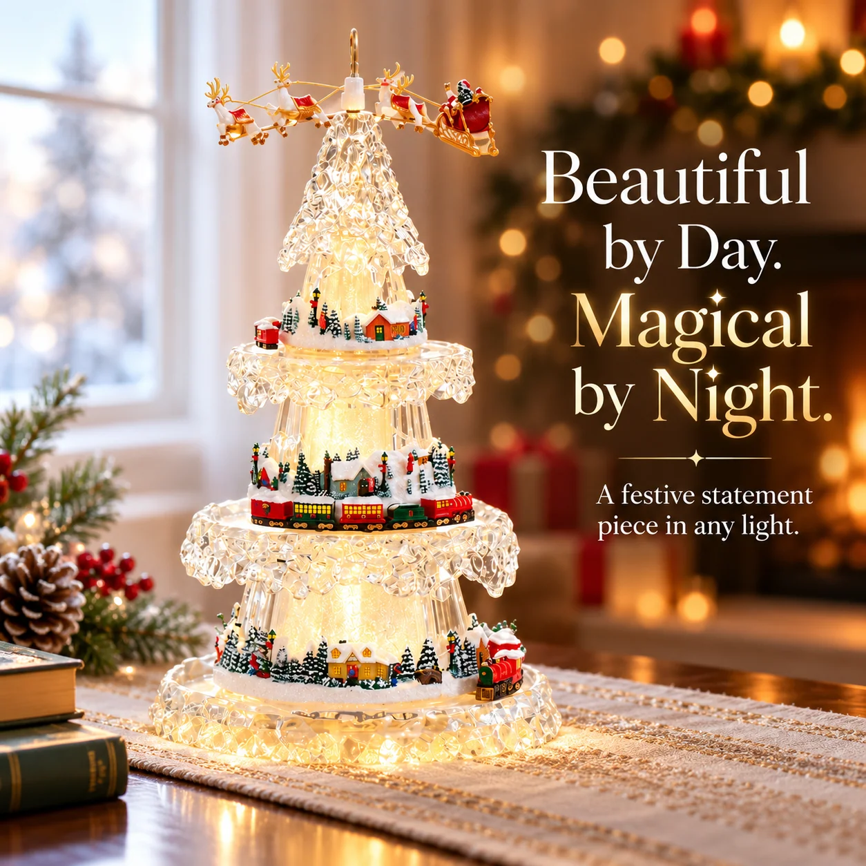 Christmas tree decoration shown during the day and illuminated at night