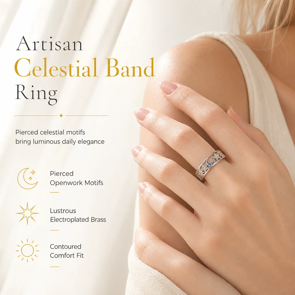 Celestial openwork ring with star moon and sun inspired detailing