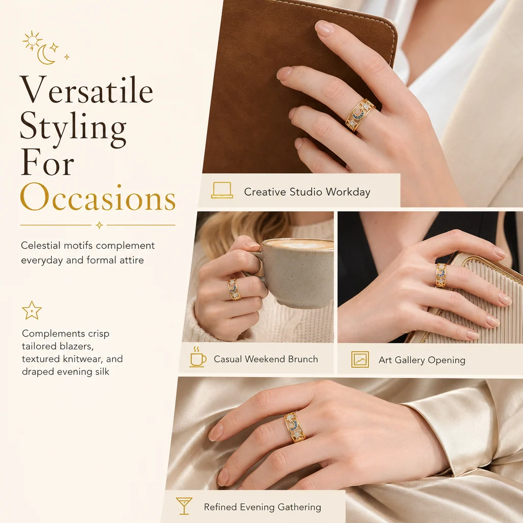 Celestial ring styled with everyday and evening outfits