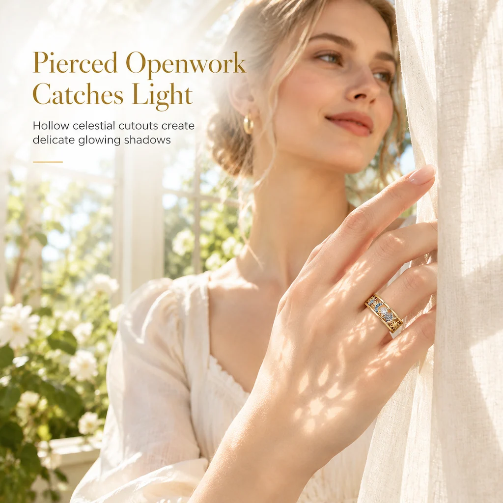 Pierced celestial openwork details in decorative fashion ring