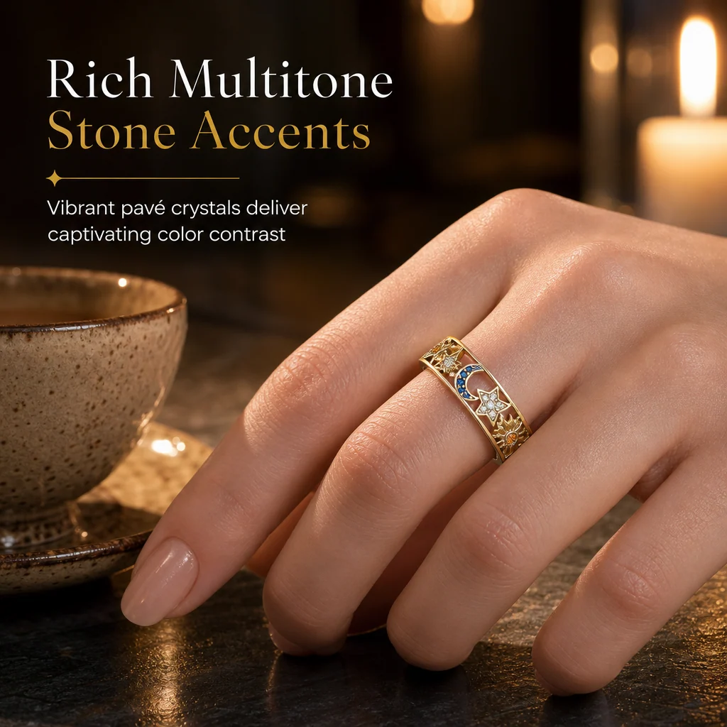 Multicolour decorative stone accents on celestial ring