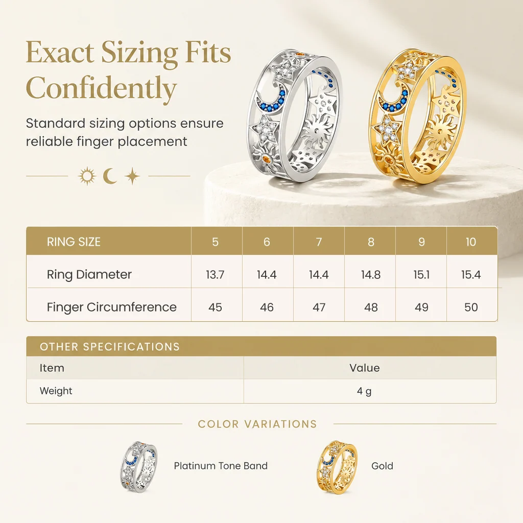 Ring sizing reference for celestial openwork ring