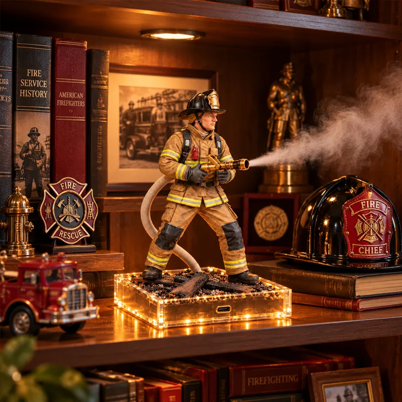 Firefighter humidifier displayed on its miniature rescue-scene base