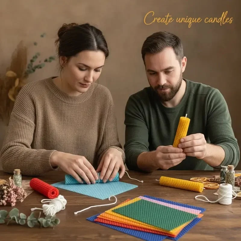 Couple enjoying a colorful beeswax candle craft project together
