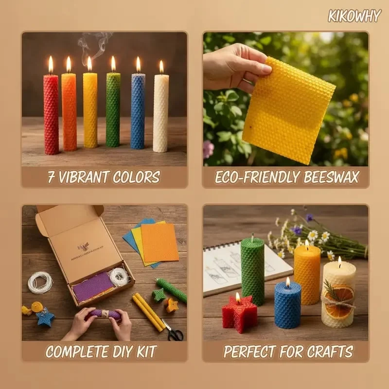 Examples of colorful rolled beeswax candles and creative candle craft designs