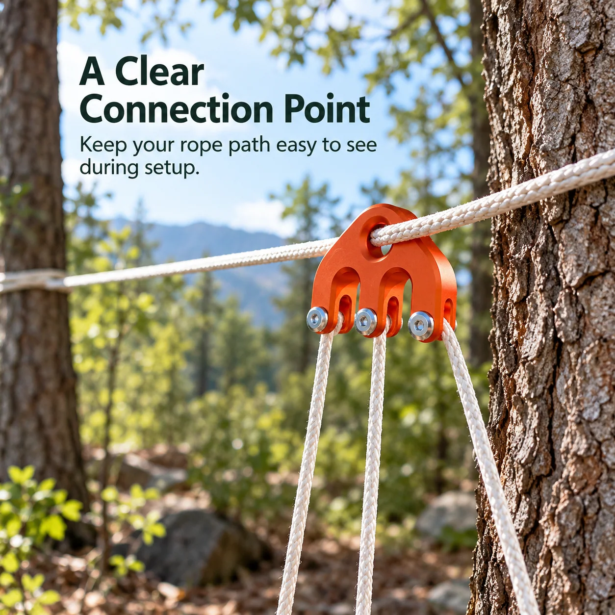 Orange rope connector shown in an outdoor setup