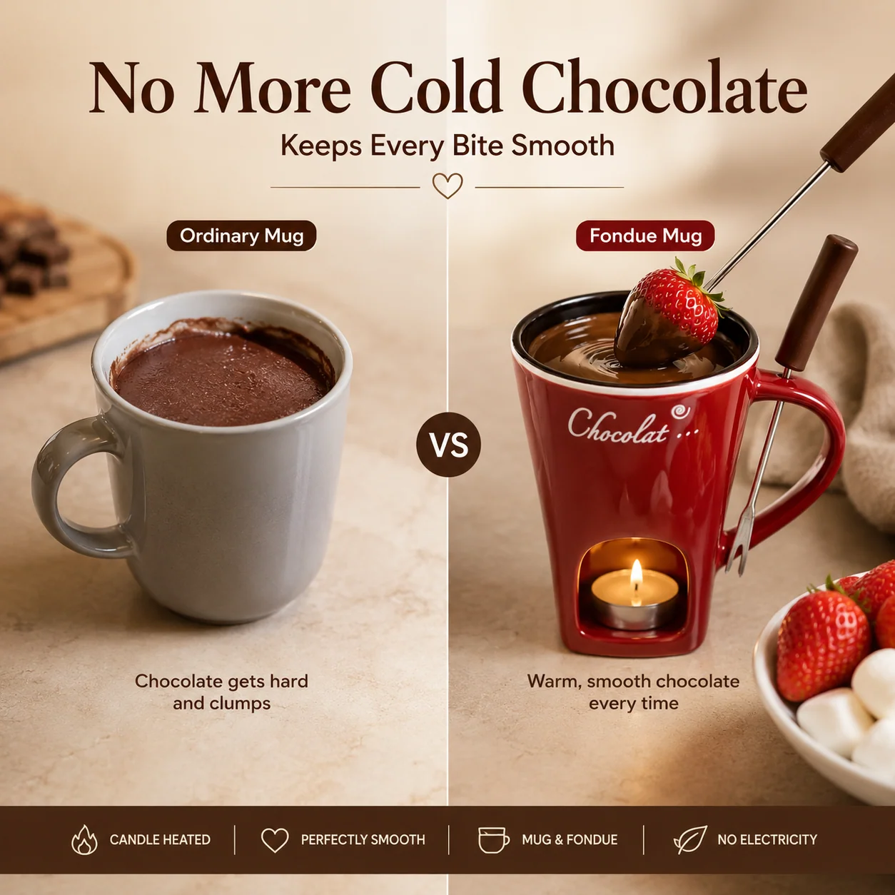 Chocolate fondue mug with dipping treats