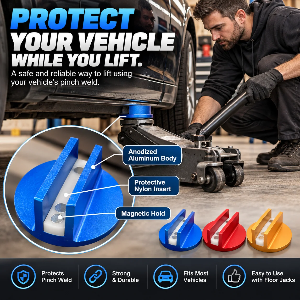 Magnetic pinch weld jack pad protecting a vehicle while lifting