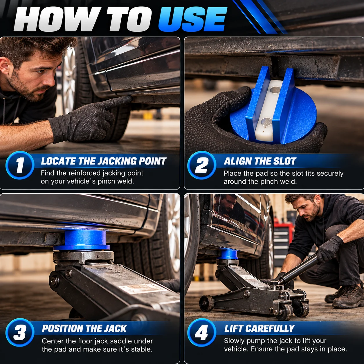 How to use a magnetic pinch weld jack pad