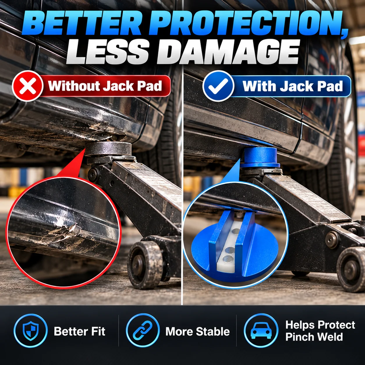 Vehicle lifting comparison with and without a pinch weld jack pad