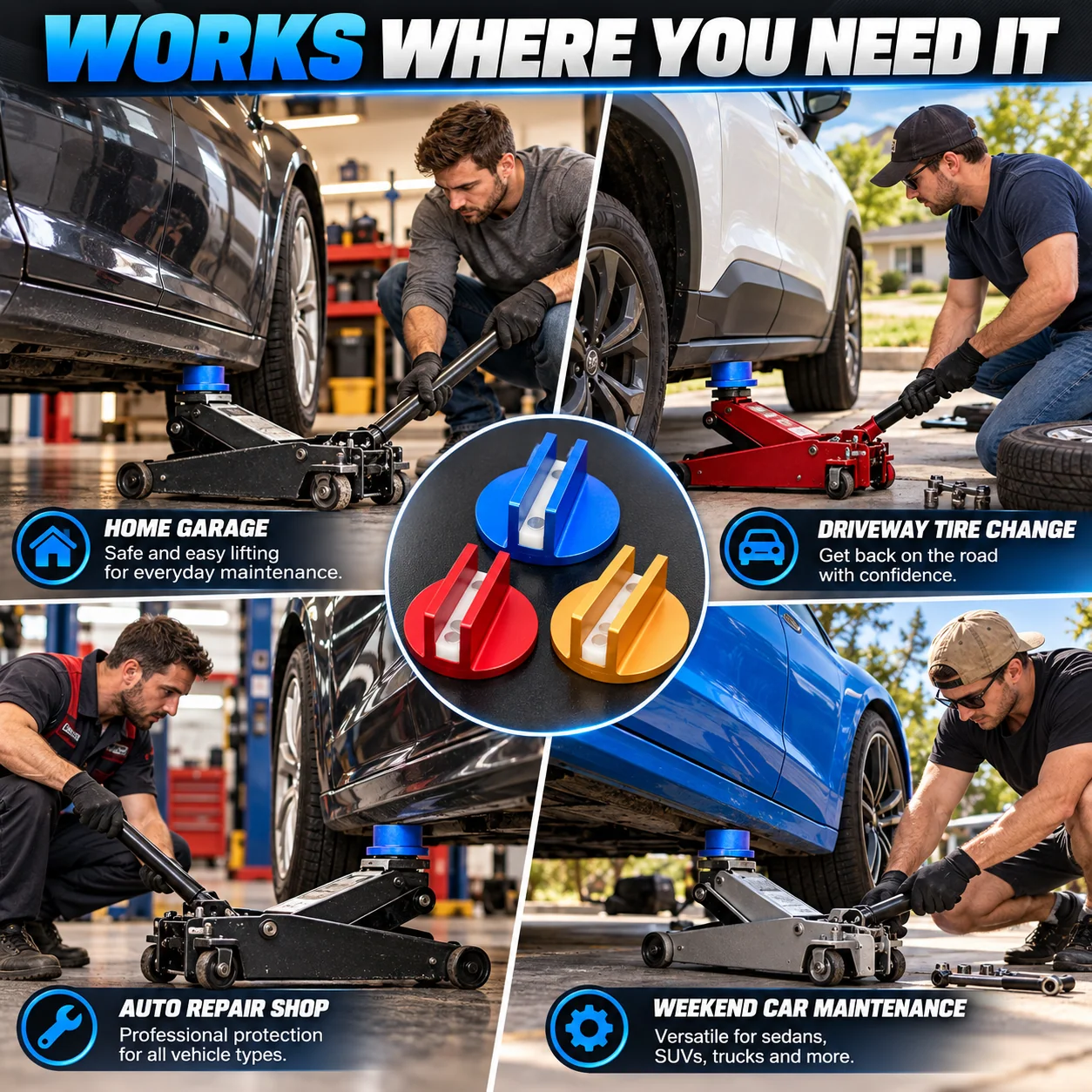 Jack pad used in multiple vehicle maintenance scenarios