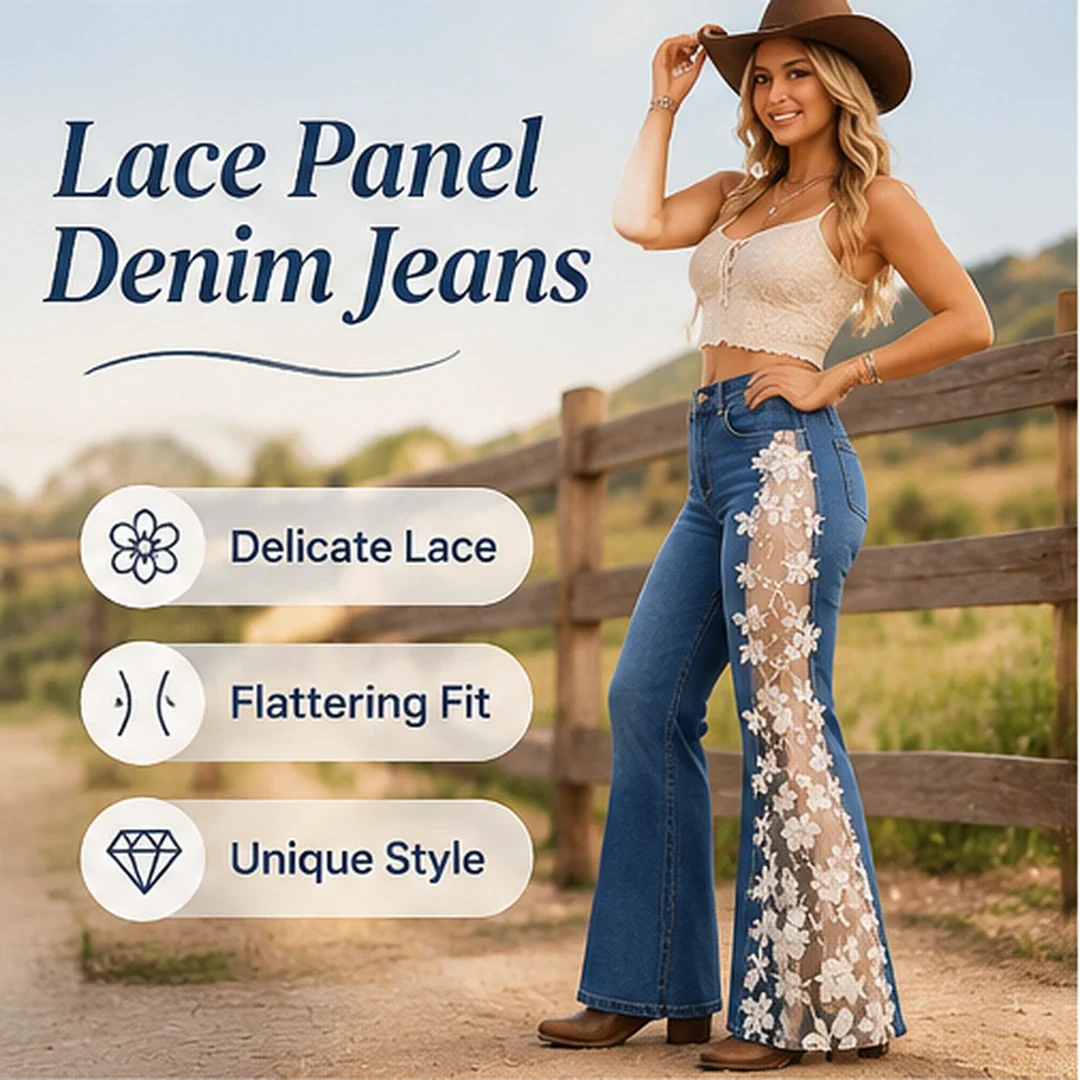 Women's floral lace panel denim jeans styled as a statement fashion piece