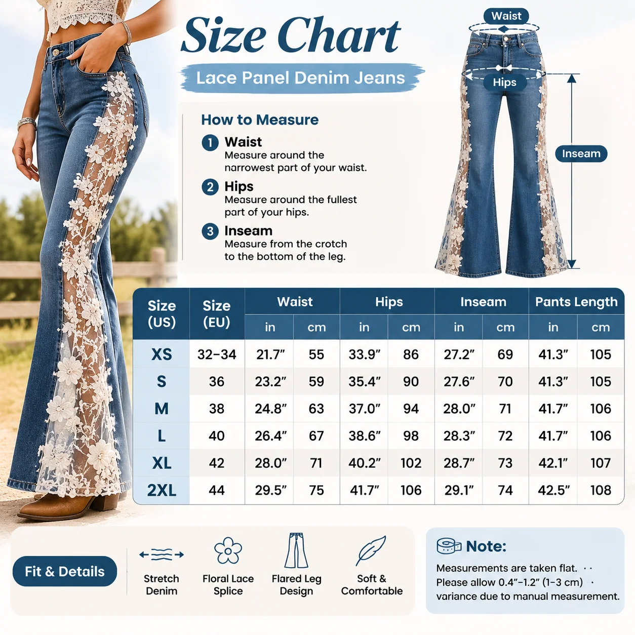 Size chart for lace panel denim jeans with US and EU size references and regular and long length options