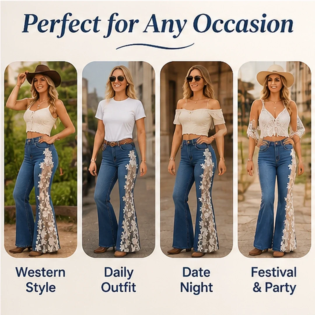 Full outfit styling with lace panel denim jeans