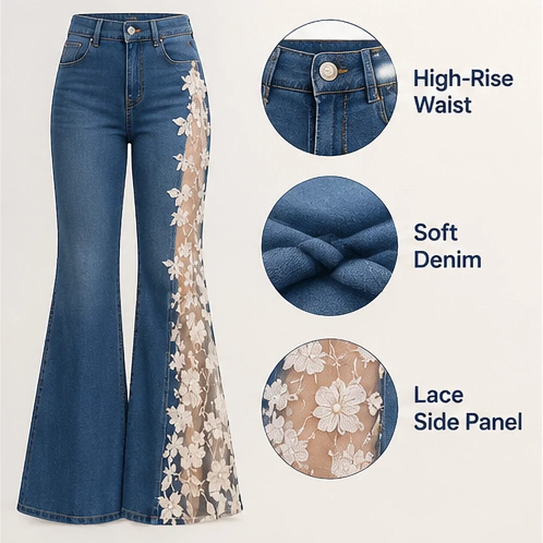 Close-up of denim fabric, stitching and floral lace panel details