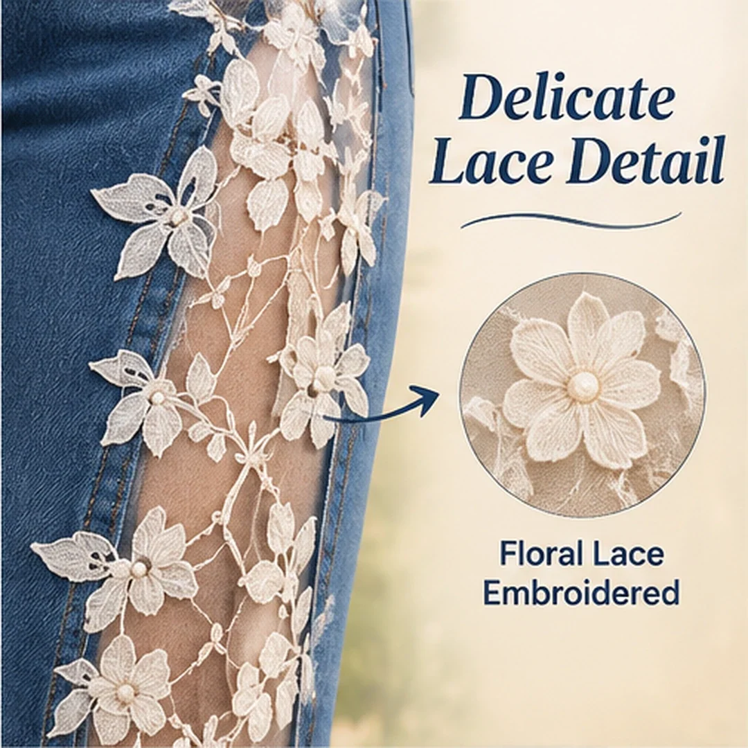 Close-up of ivory floral lace detailing attached to blue denim jeans